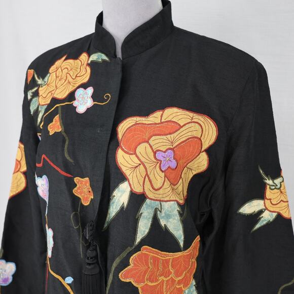 Entice Jacket Womens 10 Black Orange Floral Applique Embroidery Snaps Tassel Vtg - Picture 8 of 13